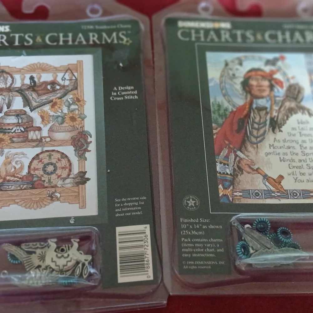 2 Complete Native American Dimensions Charts & Charms Cross Stitch Craft Kits